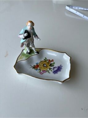 Dresden Porcelain Figurine Trinket Dish in White and Gold with Floral Motif
